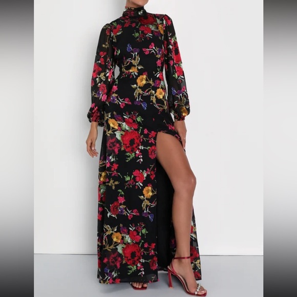 Lulus Graceful Black Floral Backless Maxi Dress - Size L - Picture 3 of 4